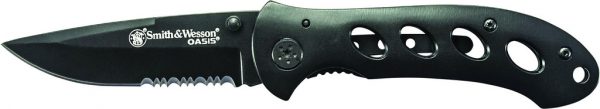 Oasis Liner Lock Folding Knife Partially Serrated Drop Point Blade Steel Handle